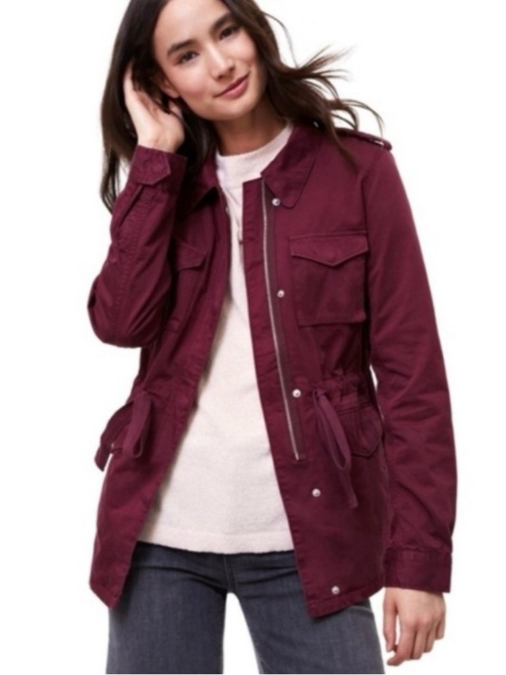 LOFT Petites Maroon Utility Cargo Field Jacket